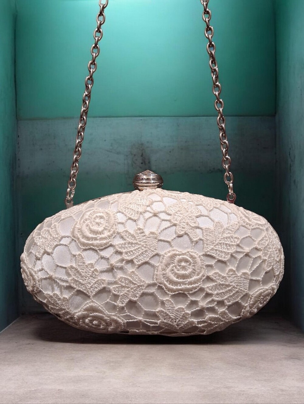 Sondra Roberts Floral Crochet Satin Chain Strap Evening/Bridal Bag